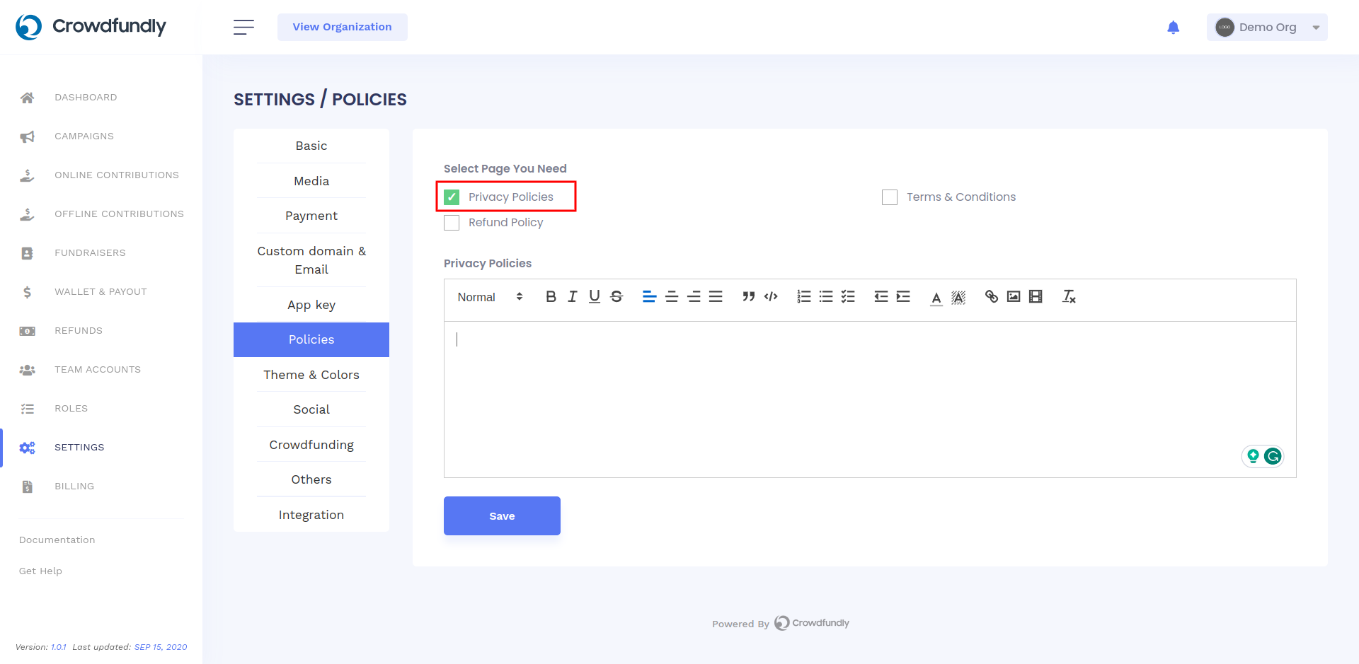 Crowdfundly for Organization - Privacy Policy Settings