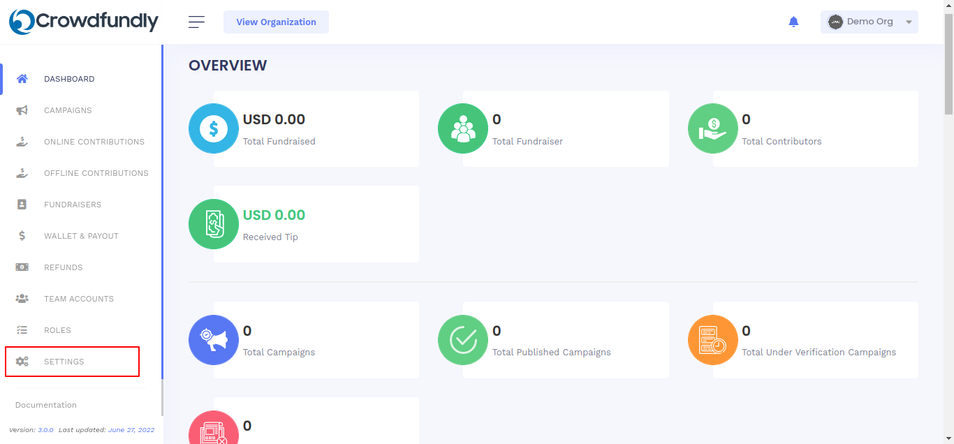 Crowdfundly for Organization - Dashboard
