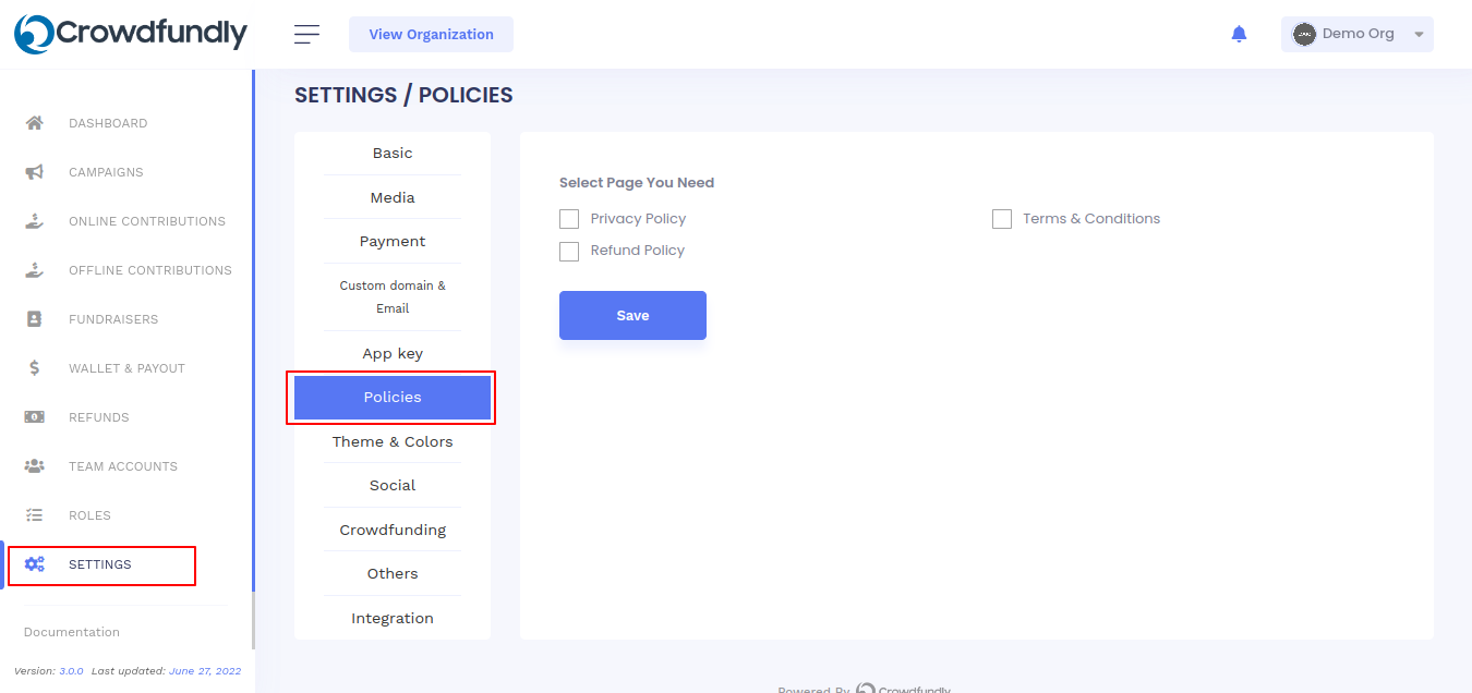 Crowdfundly for Organization - Privacy Policy Settings