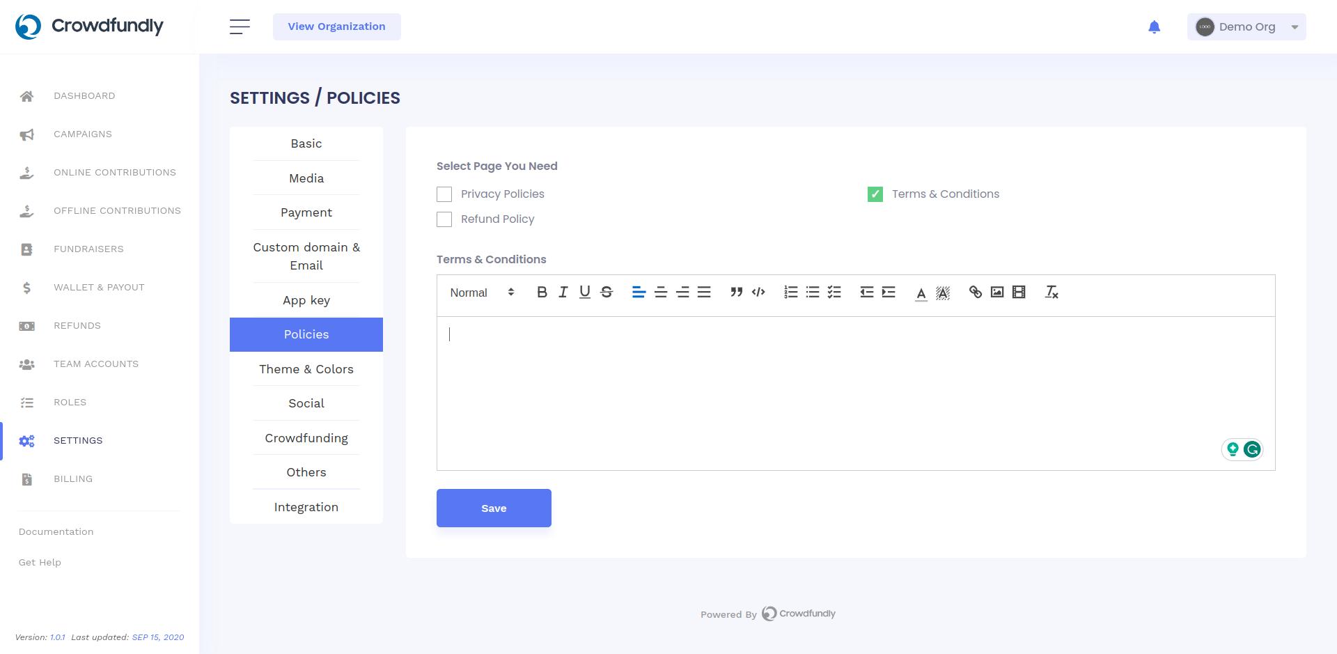 Crowdfundly for Organization - Terms & Conditions Settings