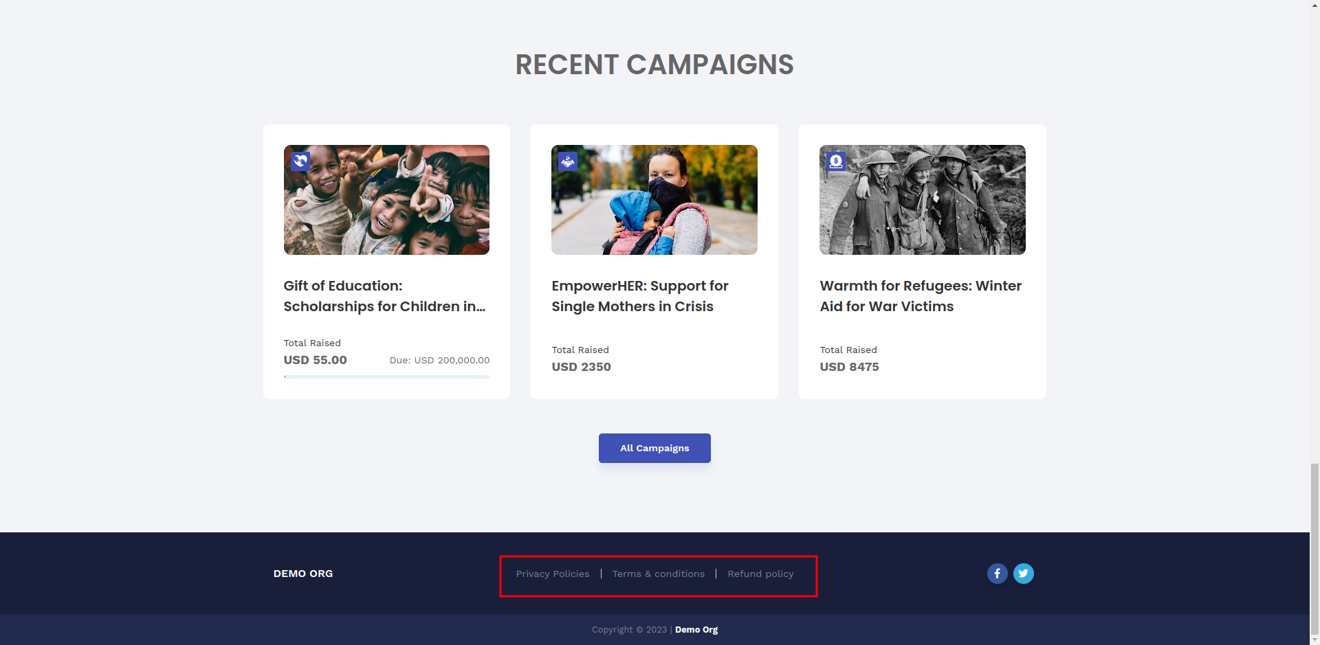 Crowdfundly for Organization - Privacy, Refund and Terms & Policy page link in footer